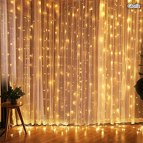 Cortina de luces LED, Gloriz 3 * 3M 300LEDs luz led lampara lluminación de decoración al aire libre con 8 modelos de lluminación, impermeable IP54 para Decoración de Ventanas, la decoración de fiestas,bodas (Blanco Cálido)