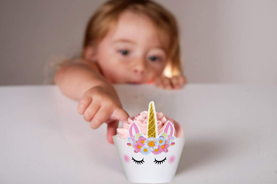 Bestus (29 unidades) Unicornio para decoración de tartas con pestañas, diadema, envoltorios para cupcakes y pancarta de cumpleaños/Unicornio para fiestas, para fiesta de cumpleaños, baby shower, decoración de fiesta para niños