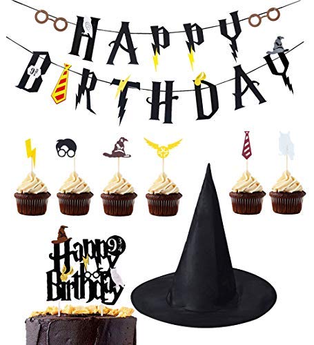 Suministros de fiesta de cumpleaños de Wizard Banner de cumpleaños Cupcake Toppers Wizard Hat Cake Topper para decoraciones de cumpleaños