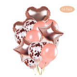 14Pack Juego de Globos de látex y Confeti, Globos en Forma de corazón y Estrella para Bodas Decoración de Fiesta de cumpleaños, duchas de Novia y bebés, telón de Fondo, Globo, Oro Rosa