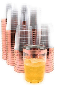 100 vasos de plástico de oro rosa. Vasos de plástico transparente de 10 oz. Vasos de moda antiguos. Tazas de oro rosa con borde de oro rosa. Tazas de boda desechables elegantes para fiestas con borde de oro rosa de Oojami.