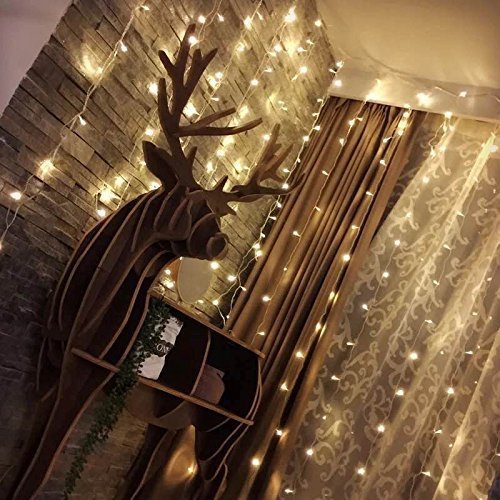 Cortina de luces LED, Gloriz 3 * 3M 300LEDs luz led lampara lluminación de decoración al aire libre con 8 modelos de lluminación, impermeable IP54 para Decoración de Ventanas, la decoración de fiestas,bodas (Blanco Cálido)