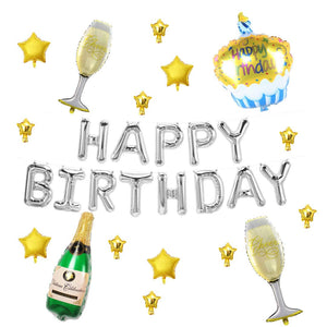 Globos de cumpleaños | Globos champaña botella y copas [ 29 piezas ] Letrero Happy Birthday + Globos Champagne Metálicos Gigantes + Globo Pastel + Globos Estrella | Decoración de Cumpleaños Champagne | Adornos de Fiesta de Cumpleaños Champagne