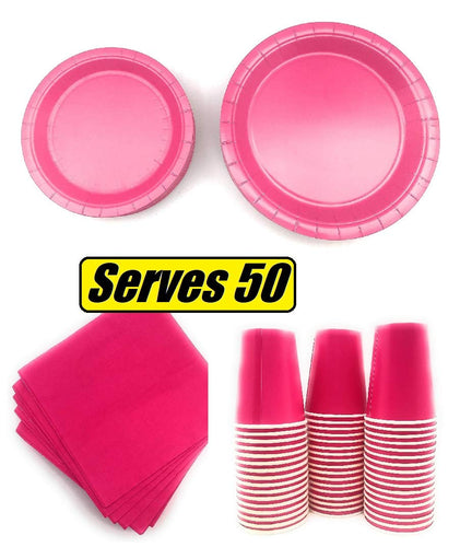 Serves 50 | Paquete completo de fiesta | Rosa | Platos de papel de cena de 9 pulgadas | Platos de papel de postre de 7 pulgadas | 9 oz tazas | 3 capas servilletas | Rosa/Baby Shower Party Tema