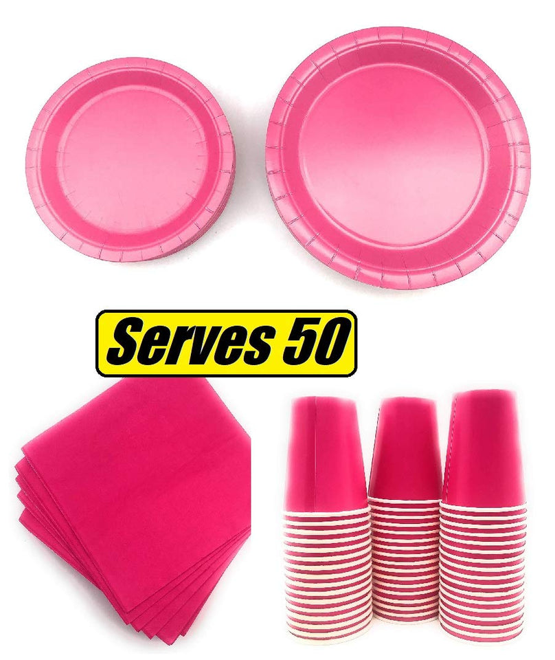 Serves 50 | Paquete completo de fiesta | Rosa | Platos de papel de cena de 9 pulgadas | Platos de papel de postre de 7 pulgadas | 9 oz tazas | 3 capas servilletas | Rosa/Baby Shower Party Tema