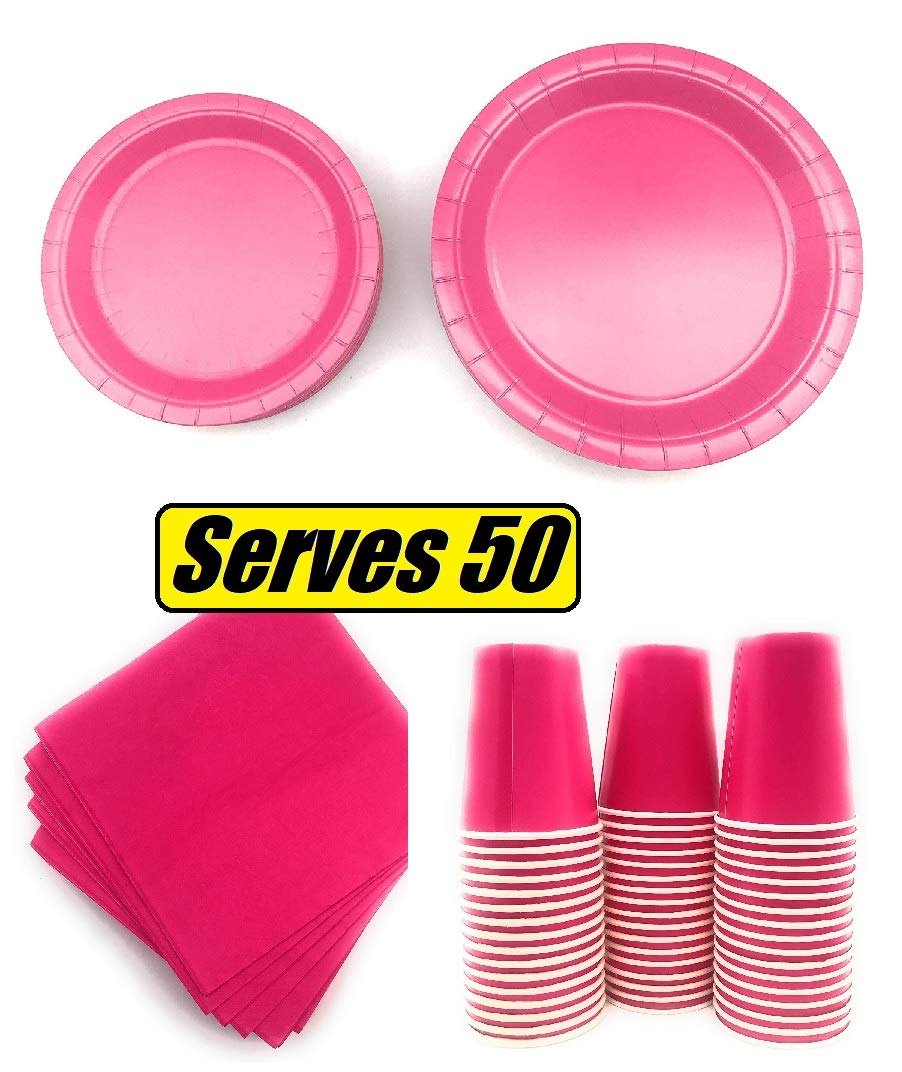 Serves 50 | Paquete completo de fiesta | Rosa | Platos de papel de cena de 9 pulgadas | Platos de papel de postre de 7 pulgadas | 9 oz tazas | 3 capas servilletas | Rosa/Baby Shower Party Tema