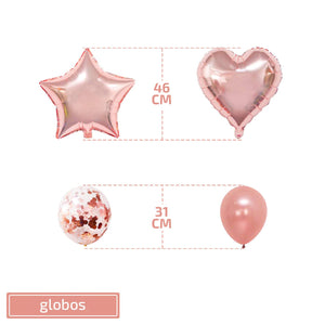 [51 PACK] Globos de Cumpleaños Rosa Metálico de Fiesta para Niña o Niño | Incluye: Letrero Happy Birthday + Globos Metálicos + Globos con Confetti + Decoración de pastel + Guirnaldas rosa + Listón
