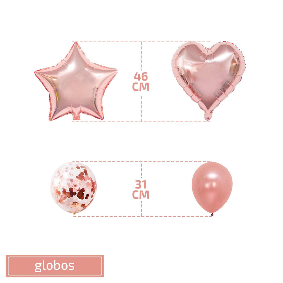 [51 PACK] Globos de Cumpleaños Rosa Metálico de Fiesta para Niña o Niño | Incluye: Letrero Happy Birthday + Globos Metálicos + Globos con Confetti + Decoración de pastel + Guirnaldas rosa + Listón