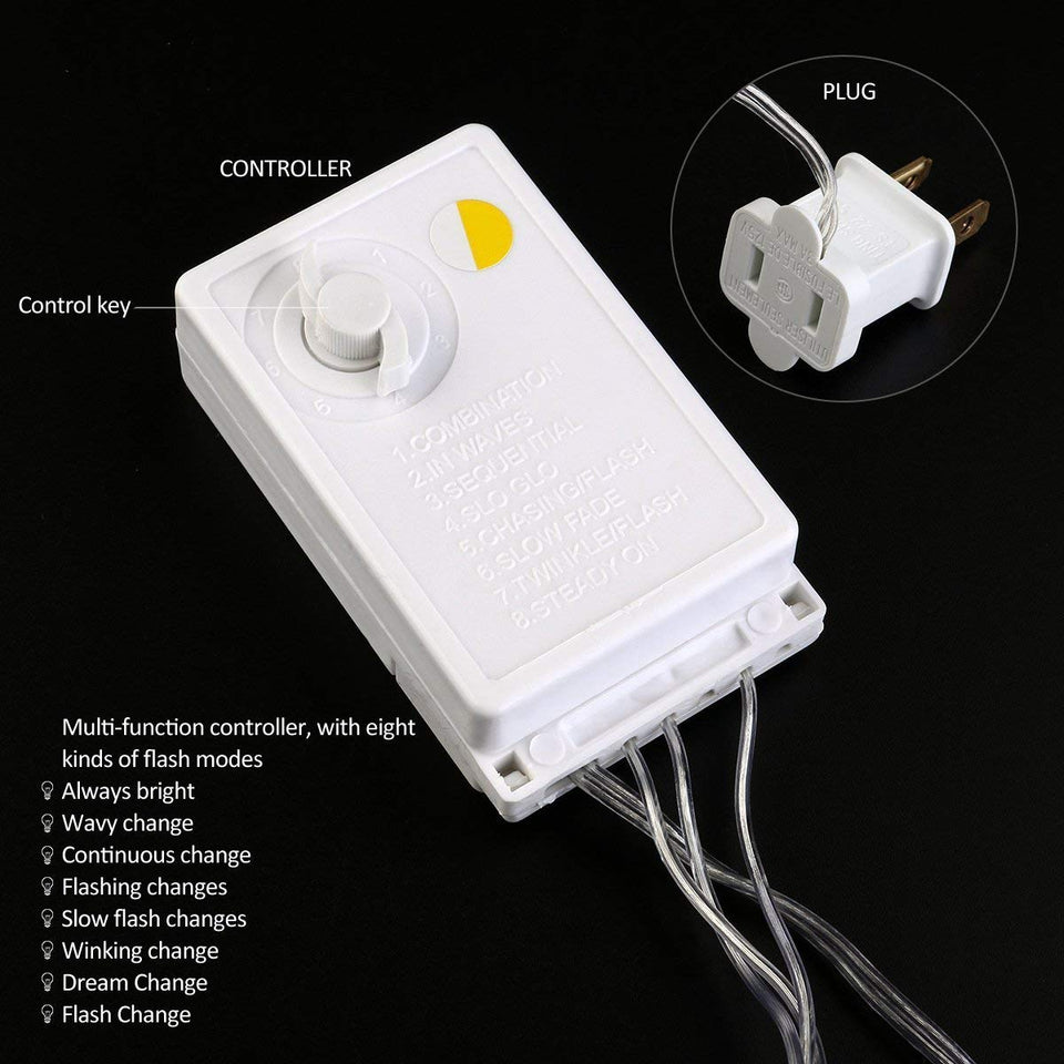 Cortina de luces LED, Gloriz 3 * 3M 300LEDs luz led lampara lluminación de decoración al aire libre con 8 modelos de lluminación, impermeable IP54 para Decoración de Ventanas, la decoración de fiestas,bodas (Blanco Cálido)