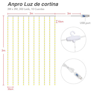 Anpro 3 * 3M 300 LED Luz,Luz Cadena,Cortina de luces LED,Luz Ventana Decorado para Fiesta,Navidad