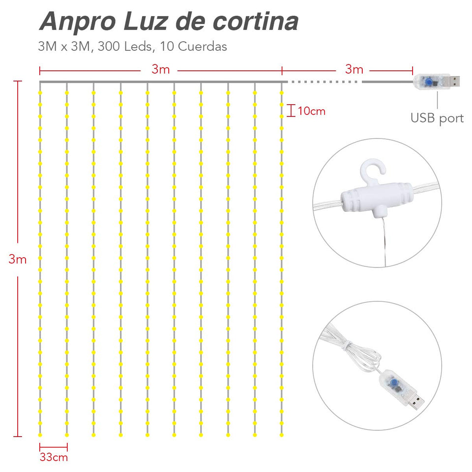 Anpro 3 * 3M 300 LED Luz,Luz Cadena,Cortina de luces LED,Luz Ventana Decorado para Fiesta,Navidad