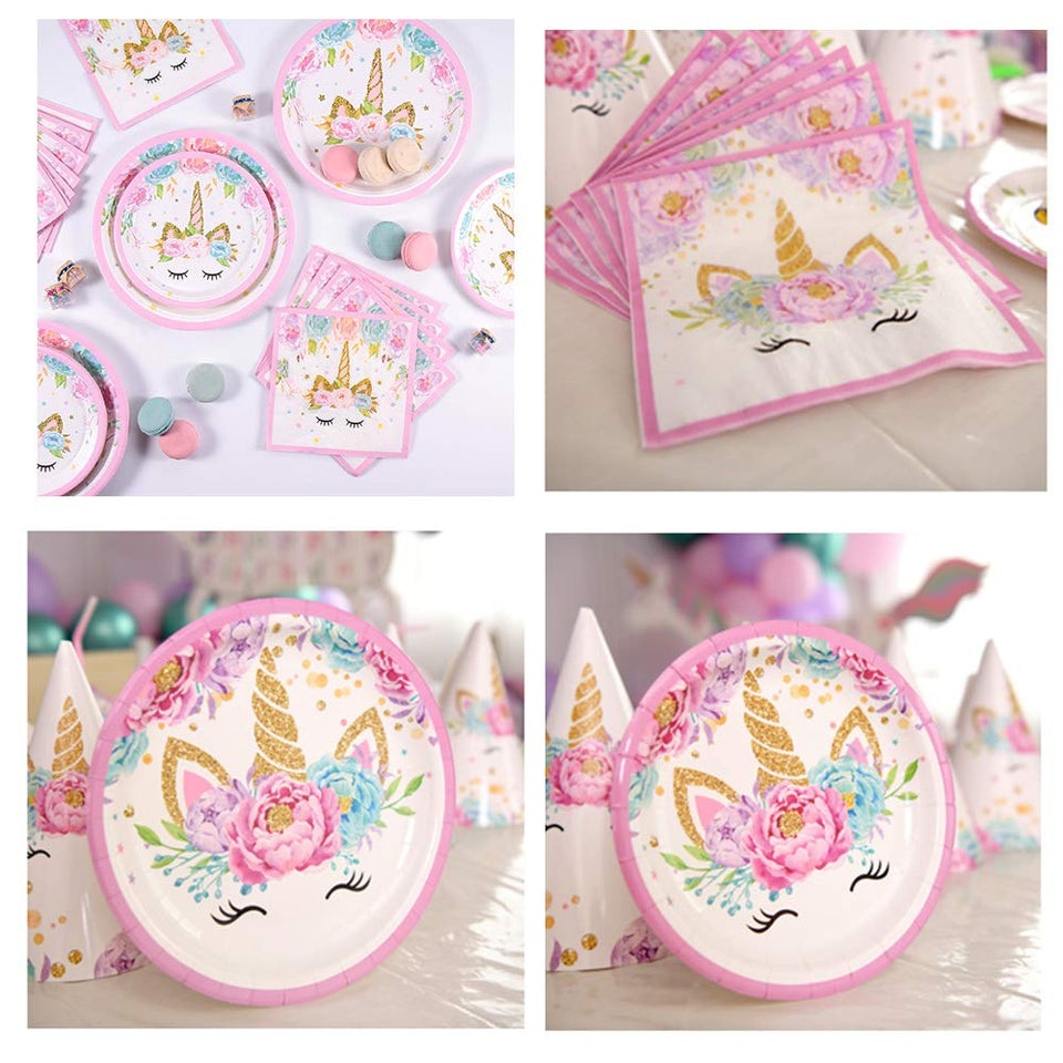 Juego de 49 servilletas con diseño de unicornio, incluye platos, servilletas, para fiestas infantiles, 16 invitados