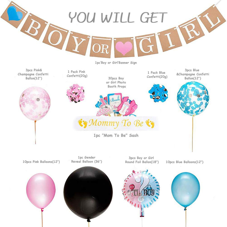 The Fellie Artículos de Fiesta reveladores de género, Niño o niña Globos de la Ducha del bebé Accesorios de la Foto Revelan Globos y Fajas Set de Decoraciones de Globos de Confeti