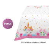 Juego de suministros de fiesta temática de unicornio – 16 – 146 piezas – perfecto para niñas cumpleaños y primer cumpleaños – BONUS Happy Birthday Banner y mantel – Platos de fiesta, tazas y servilletas