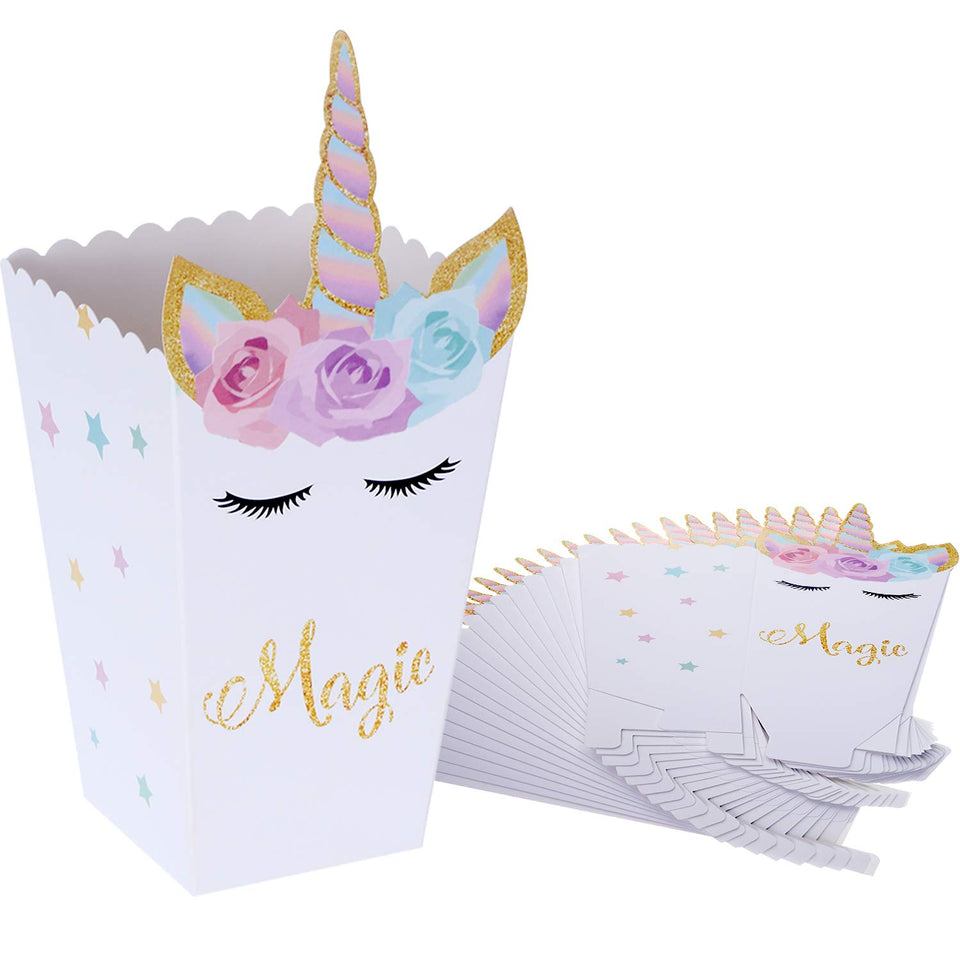 24 Piezas Cajas de Palomitas de Maíz Contenedor de Palomitas de Maíz Caja de Dulces de Patrón de Unicornio de Arco Iris para Materiales de Fiesta de Bienvenida a Bebé Cumpleaños