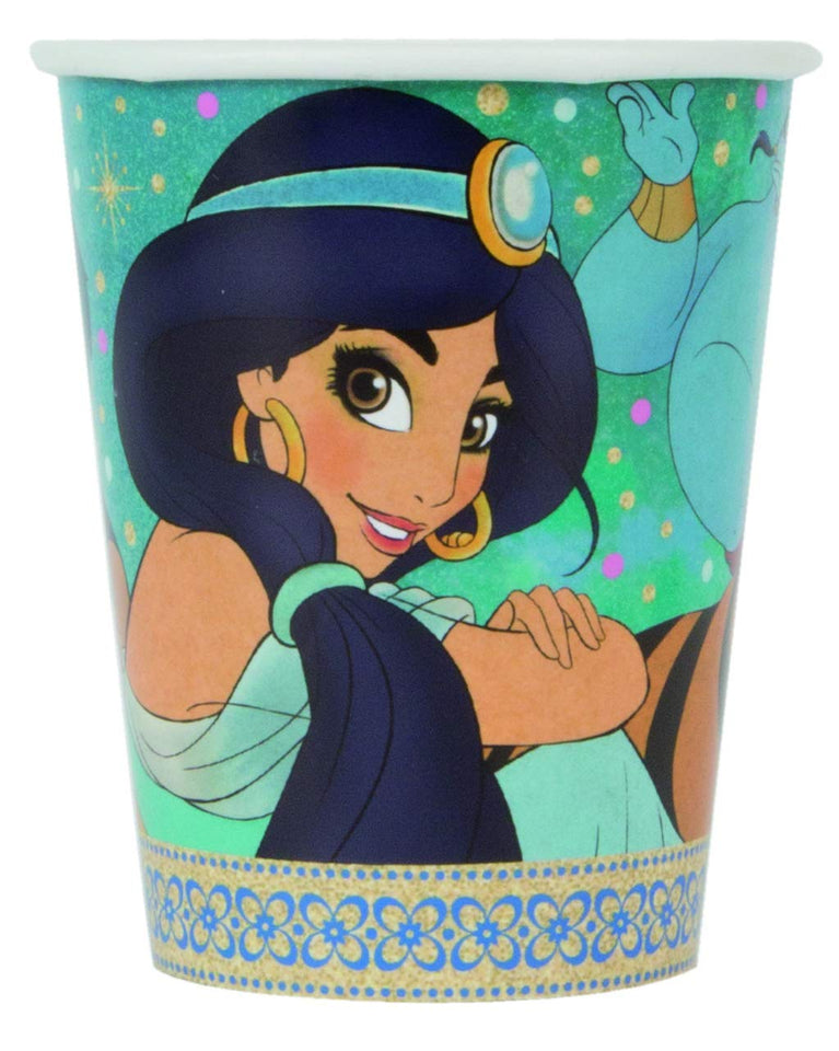 Paquete de fiesta de Aladdin y Princesa Jasmine, juego de suministros para fiesta de cumpleaños para 16 incluye platos, servilletas, tazas, cubierta de mesa, velas, hojas de pegatinas