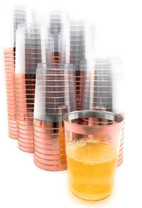 100 vasos de plástico de oro rosa. Vasos de plástico transparente de 10 oz. Vasos de moda antiguos. Tazas de oro rosa con borde de oro rosa. Tazas de boda desechables elegantes para fiestas con borde de oro rosa de Oojami.