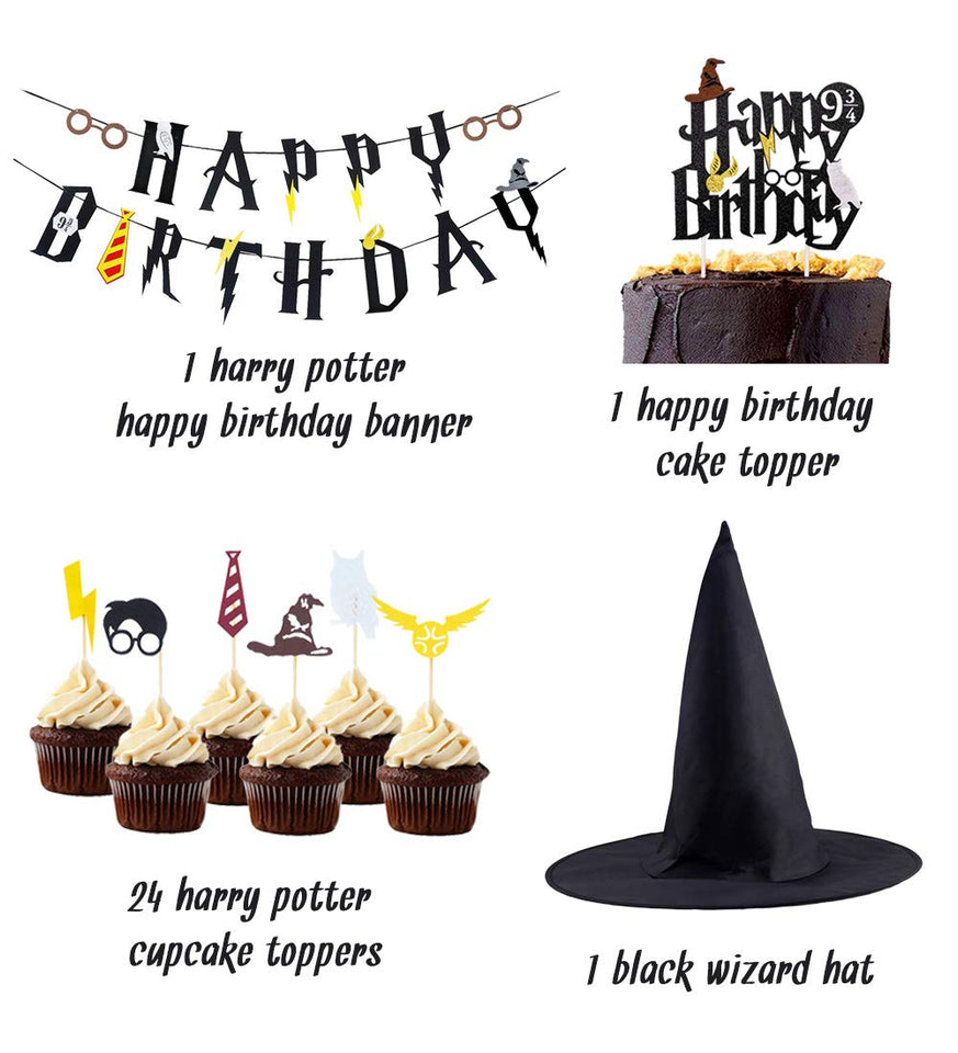 Suministros de fiesta de cumpleaños de Wizard Banner de cumpleaños Cupcake Toppers Wizard Hat Cake Topper para decoraciones de cumpleaños
