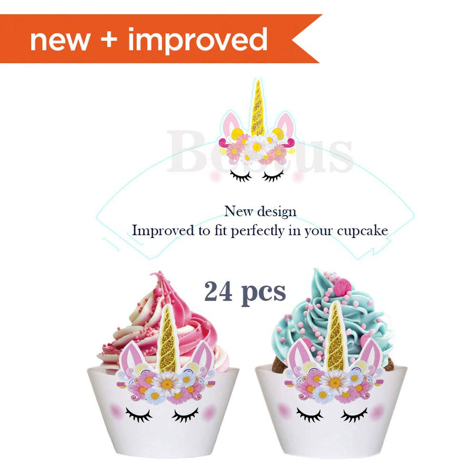 Bestus (29 unidades) Unicornio para decoración de tartas con pestañas, diadema, envoltorios para cupcakes y pancarta de cumpleaños/Unicornio para fiestas, para fiesta de cumpleaños, baby shower, decoración de fiesta para niños