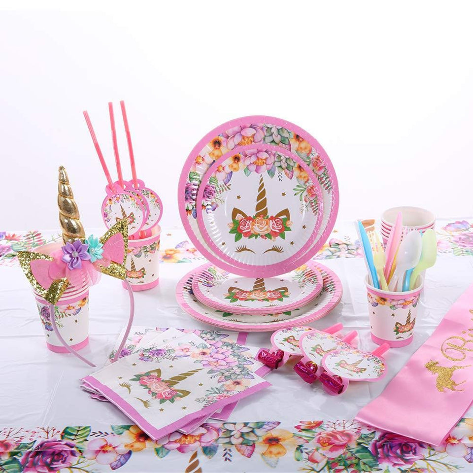 Juego de 49 servilletas con diseño de unicornio, incluye platos, servilletas, para fiestas infantiles, 16 invitados