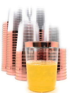 100 vasos de plástico de oro rosa. Vasos de plástico transparente de 10 oz. Vasos de moda antiguos. Tazas de oro rosa con borde de oro rosa. Tazas de boda desechables elegantes para fiestas con borde de oro rosa de Oojami.