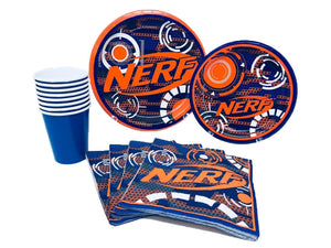 Nerf - Juego de 8 servilletas para fiestas de cumpleaños con platos para el almuerzo, platos de postre, servilletas para el almuerzo, vasos
