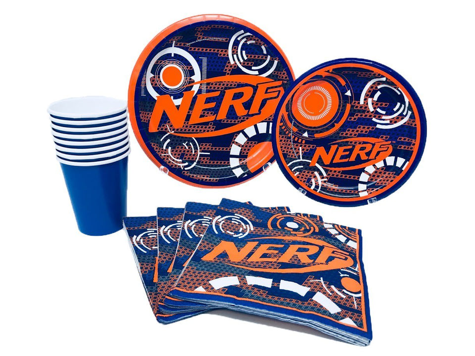 Nerf - Juego de 8 servilletas para fiestas de cumpleaños con platos para el almuerzo, platos de postre, servilletas para el almuerzo, vasos