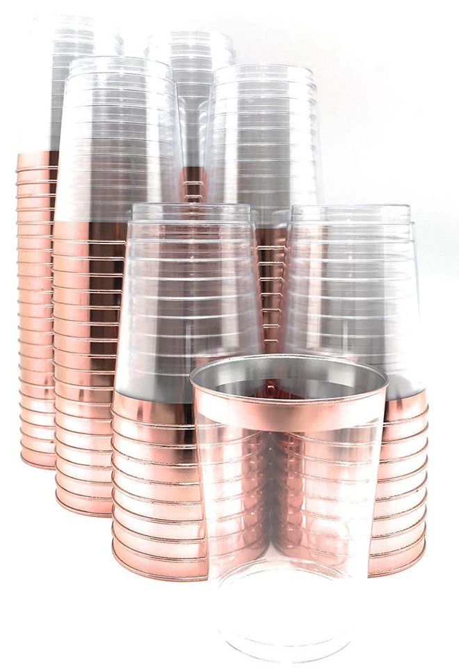 100 vasos de plástico de oro rosa. Vasos de plástico transparente de 10 oz. Vasos de moda antiguos. Tazas de oro rosa con borde de oro rosa. Tazas de boda desechables elegantes para fiestas con borde de oro rosa de Oojami.