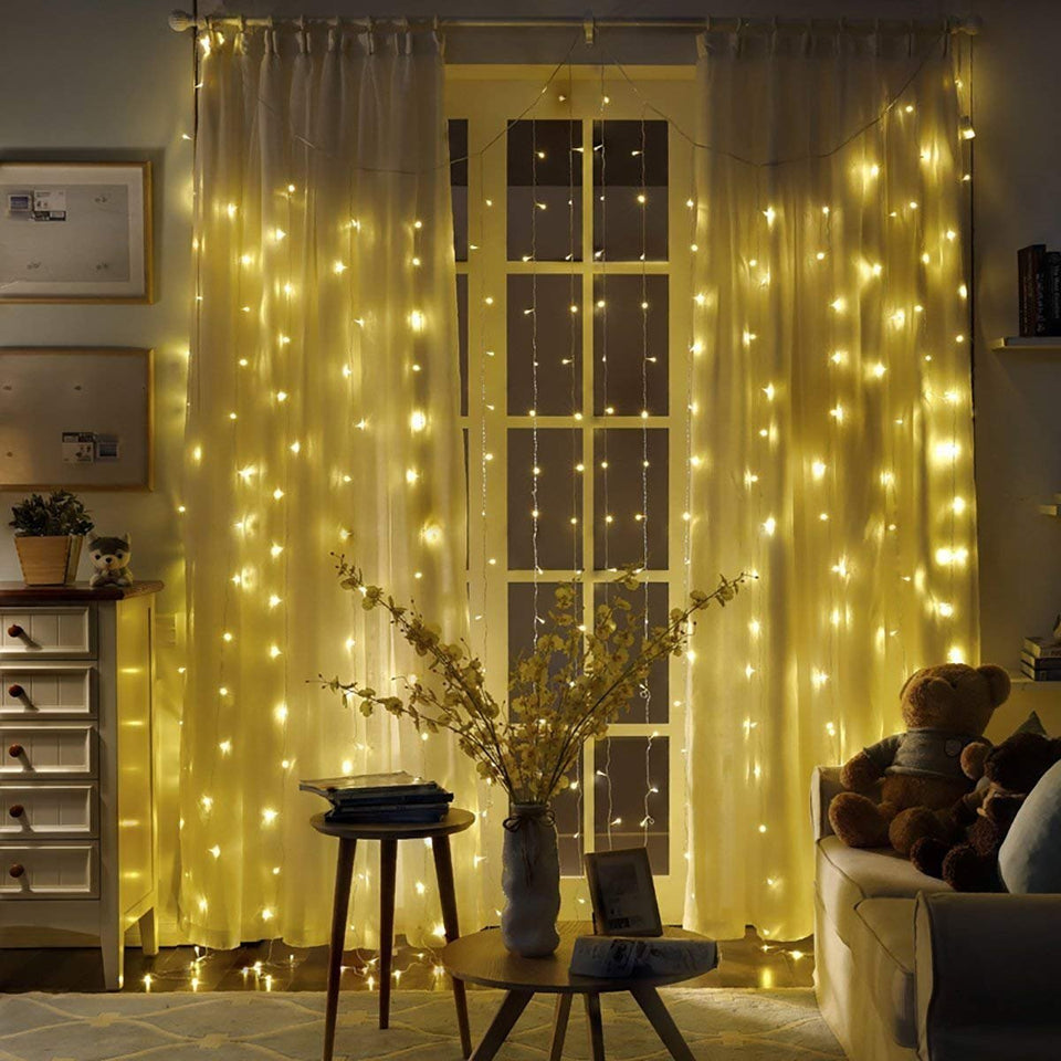 NEXGADGET Luces de Cortina LED 3m* 3m, Luces al Aire Libre de Blanco Resistente al Agua, Codena de Luces de Navidad con 8 Modelos de Iluminación para la Decoración de Fiestas y Bodas, etc (Blanco Cálido)
