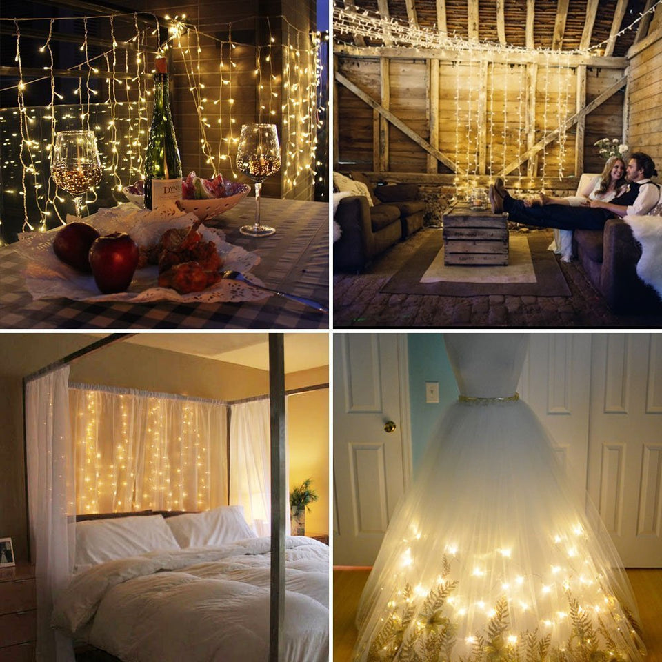 NEXGADGET Luces de Cortina LED 3m* 3m, Luces al Aire Libre de Blanco Resistente al Agua, Codena de Luces de Navidad con 8 Modelos de Iluminación para la Decoración de Fiestas y Bodas, etc (Blanco Cálido)