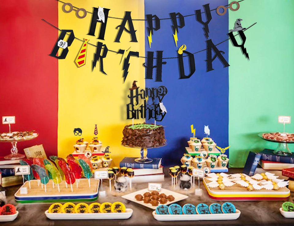 Suministros de fiesta de cumpleaños de Wizard Banner de cumpleaños Cupcake Toppers Wizard Hat Cake Topper para decoraciones de cumpleaños