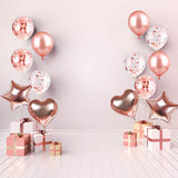 14Pack Juego de Globos de látex y Confeti, Globos en Forma de corazón y Estrella para Bodas Decoración de Fiesta de cumpleaños, duchas de Novia y bebés, telón de Fondo, Globo, Oro Rosa