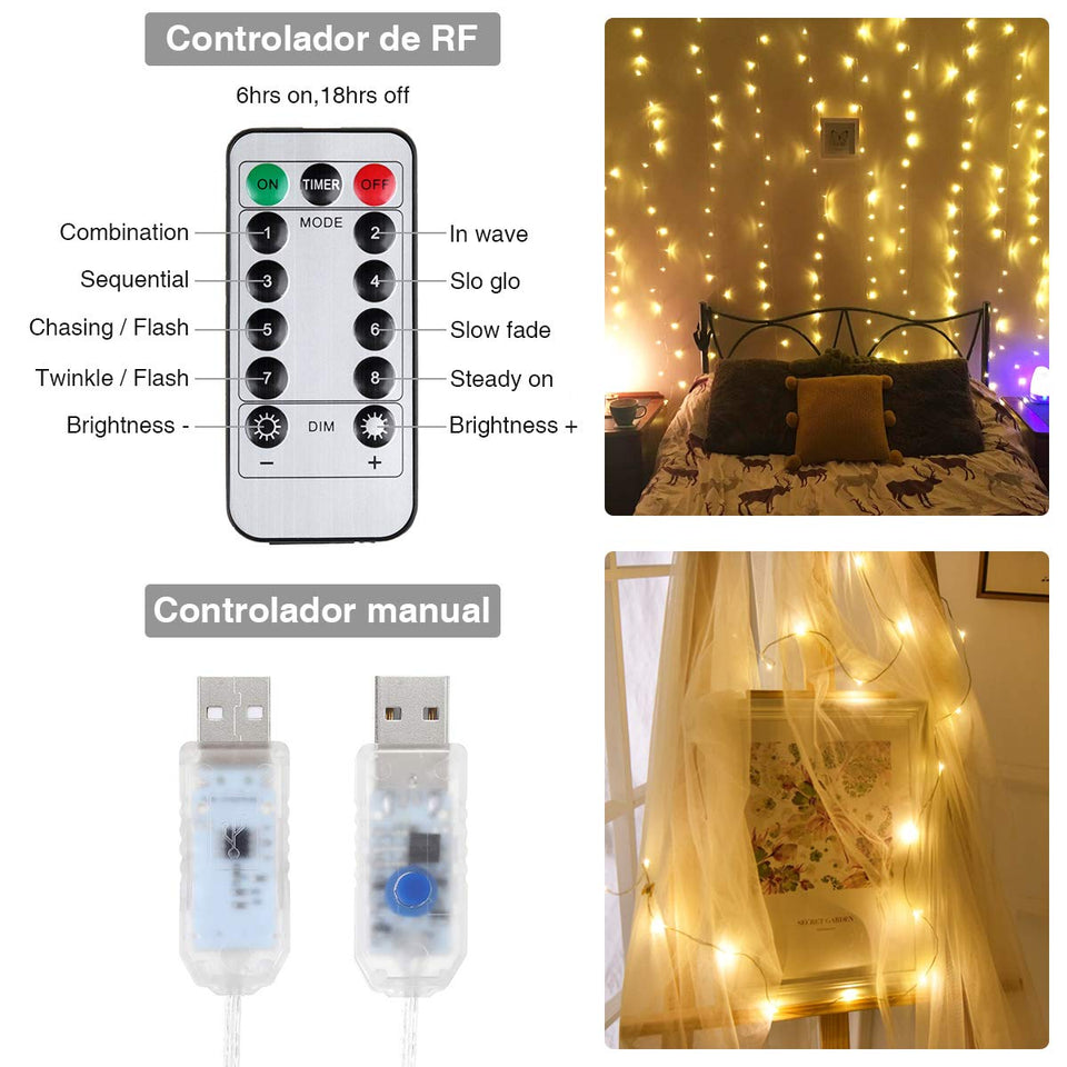 Anpro 3 * 3M 300 LED Luz,Luz Cadena,Cortina de luces LED,Luz Ventana Decorado para Fiesta,Navidad