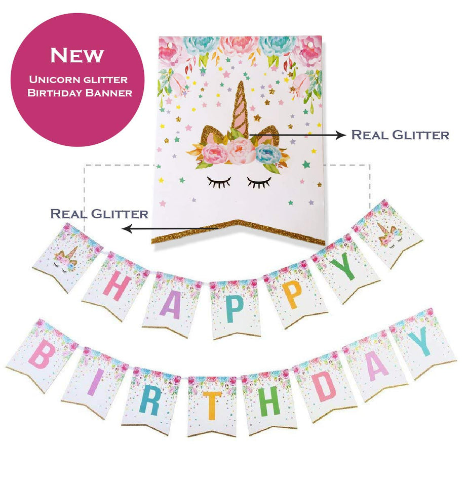 Bestus (29 unidades) Unicornio para decoración de tartas con pestañas, diadema, envoltorios para cupcakes y pancarta de cumpleaños/Unicornio para fiestas, para fiesta de cumpleaños, baby shower, decoración de fiesta para niños