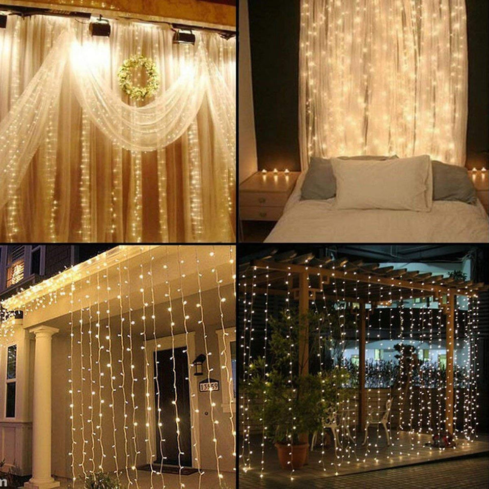 Cortina de luces LED, Gloriz 3 * 3M 300LEDs luz led lampara lluminación de decoración al aire libre con 8 modelos de lluminación, impermeable IP54 para Decoración de Ventanas, la decoración de fiestas,bodas (Blanco Cálido)