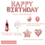 [51 PACK] Globos de Cumpleaños Rosa Metálico de Fiesta para Niña o Niño | Incluye: Letrero Happy Birthday + Globos Metálicos + Globos con Confetti + Decoración de pastel + Guirnaldas rosa + Listón