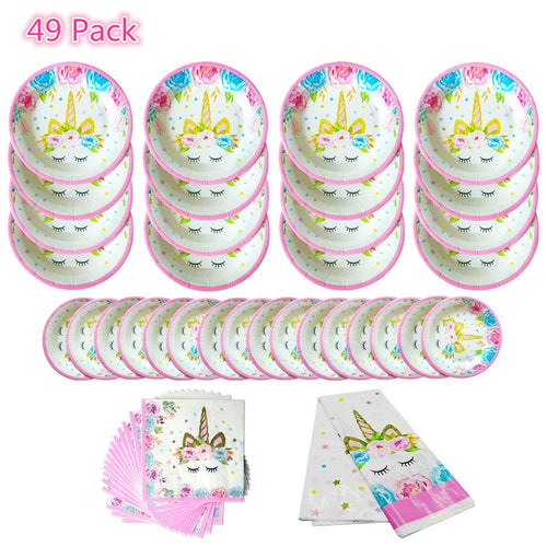Juego de 49 servilletas con diseño de unicornio, incluye platos, servilletas, para fiestas infantiles, 16 invitados