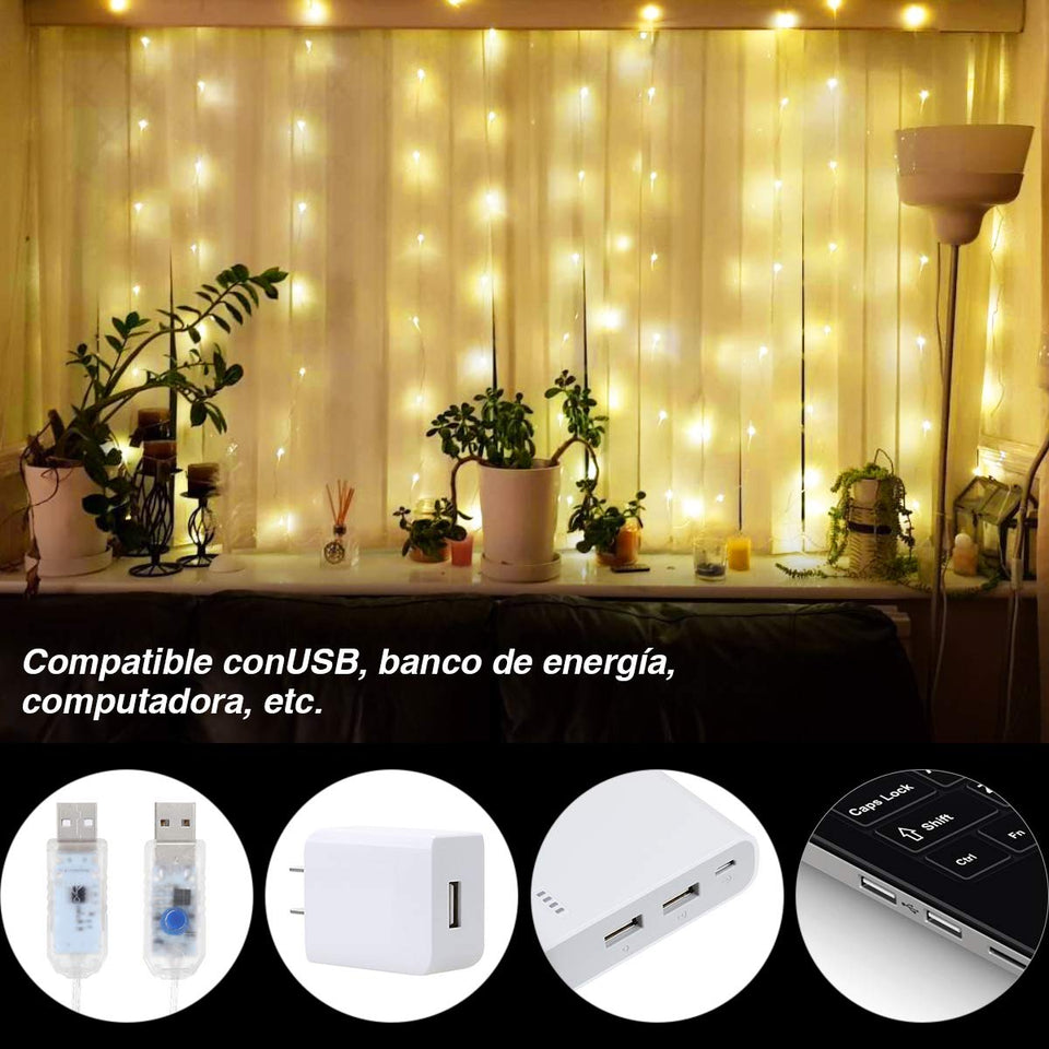 Anpro 3 * 3M 300 LED Luz,Luz Cadena,Cortina de luces LED,Luz Ventana Decorado para Fiesta,Navidad