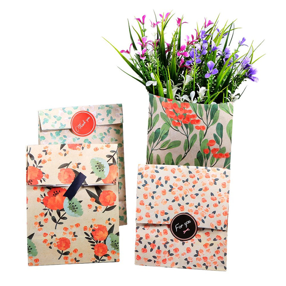 bolsa de papel, Bolsas de papel Kraft 12 piezas de papel de flores bolsos de papel con pegatinas para la boda Fiesta de cumpleaños Año Nuevo Regalo de la fiesta de compras Mechandise Bolsas de regalo