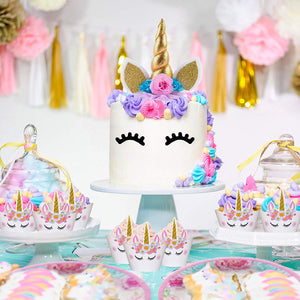 Bestus (29 unidades) Unicornio para decoración de tartas con pestañas, diadema, envoltorios para cupcakes y pancarta de cumpleaños/Unicornio para fiestas, para fiesta de cumpleaños, baby shower, decoración de fiesta para niños