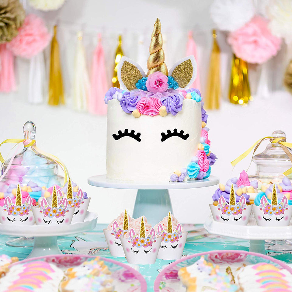 Bestus (29 unidades) Unicornio para decoración de tartas con pestañas, diadema, envoltorios para cupcakes y pancarta de cumpleaños/Unicornio para fiestas, para fiesta de cumpleaños, baby shower, decoración de fiesta para niños