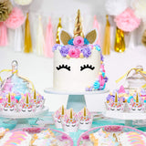 Bestus (29 unidades) Unicornio para decoración de tartas con pestañas, diadema, envoltorios para cupcakes y pancarta de cumpleaños/Unicornio para fiestas, para fiesta de cumpleaños, baby shower, decoración de fiesta para niños