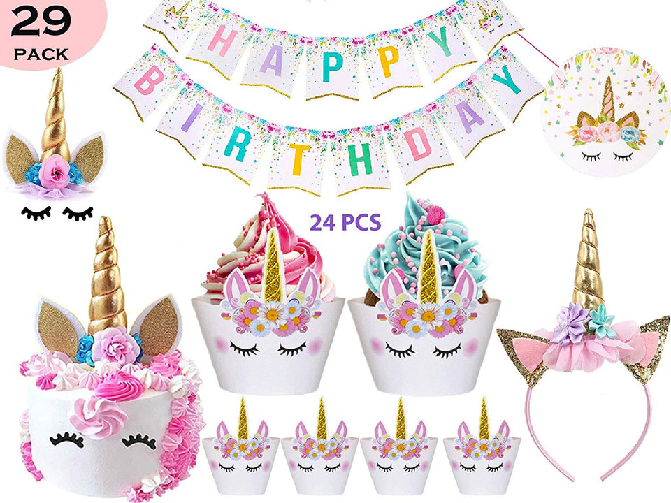 Bestus (29 unidades) Unicornio para decoración de tartas con pestañas, diadema, envoltorios para cupcakes y pancarta de cumpleaños/Unicornio para fiestas, para fiesta de cumpleaños, baby shower, decoración de fiesta para niños