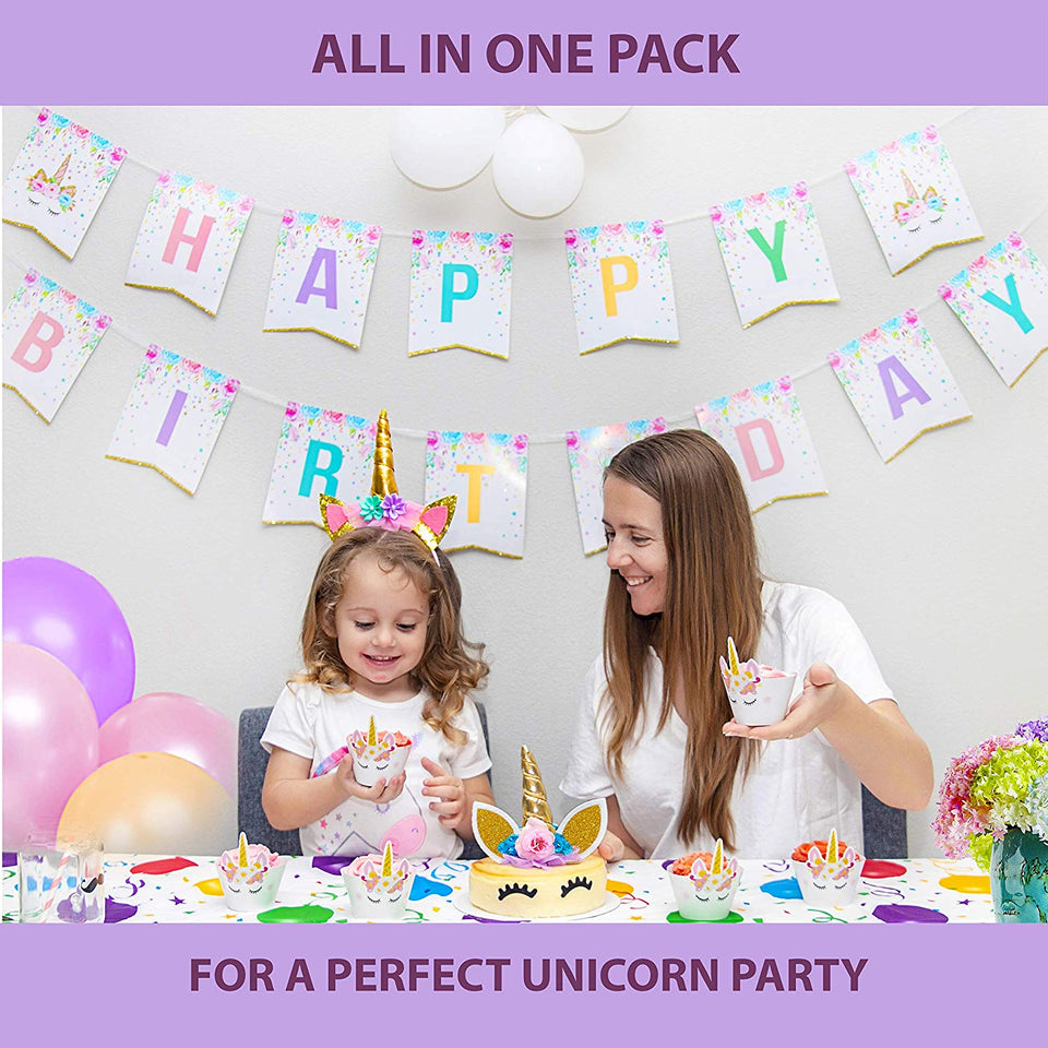 Bestus (29 unidades) Unicornio para decoración de tartas con pestañas, diadema, envoltorios para cupcakes y pancarta de cumpleaños/Unicornio para fiestas, para fiesta de cumpleaños, baby shower, decoración de fiesta para niños