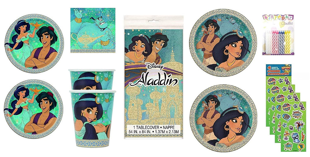 Paquete de fiesta de Aladdin y Princesa Jasmine, juego de suministros para fiesta de cumpleaños para 16 incluye platos, servilletas, tazas, cubierta de mesa, velas, hojas de pegatinas