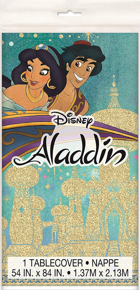 Paquete de fiesta de Aladdin y Princesa Jasmine, juego de suministros para fiesta de cumpleaños para 16 incluye platos, servilletas, tazas, cubierta de mesa, velas, hojas de pegatinas