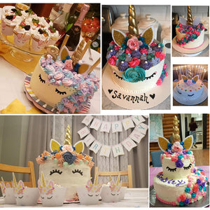 Bestus (29 unidades) Unicornio para decoración de tartas con pestañas, diadema, envoltorios para cupcakes y pancarta de cumpleaños/Unicornio para fiestas, para fiesta de cumpleaños, baby shower, decoración de fiesta para niños