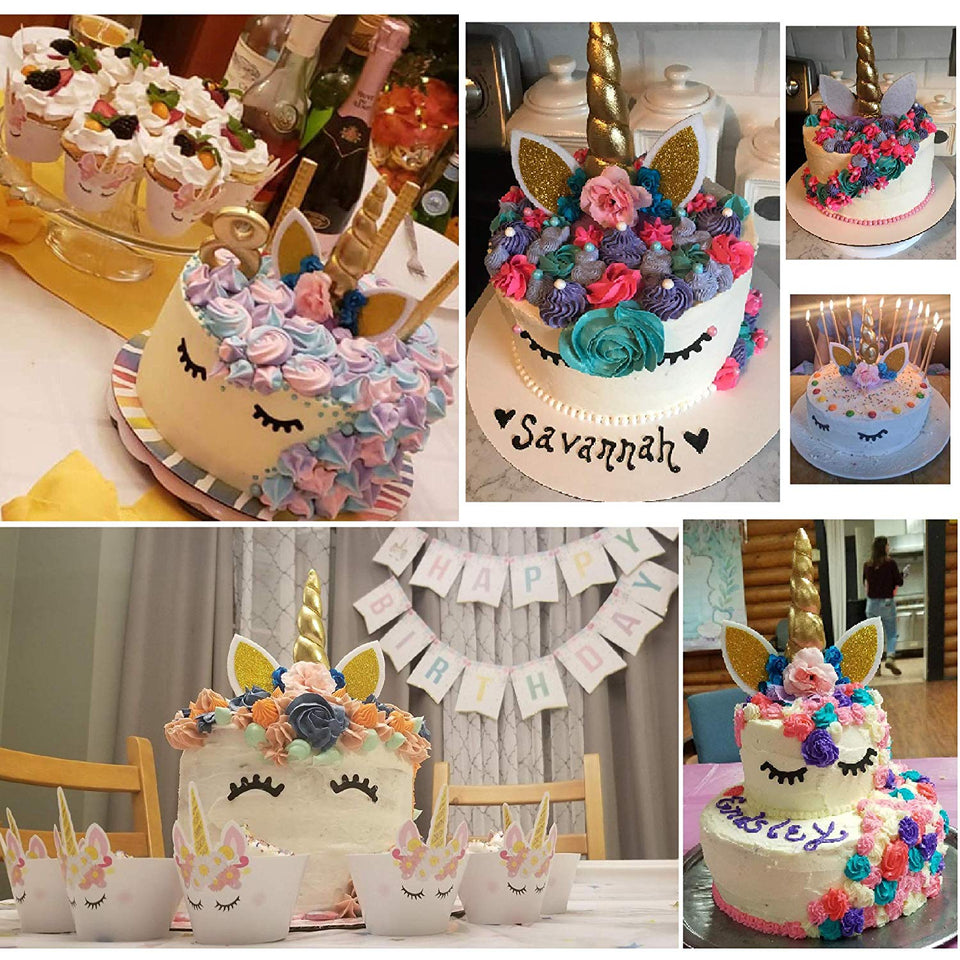 Bestus (29 unidades) Unicornio para decoración de tartas con pestañas, diadema, envoltorios para cupcakes y pancarta de cumpleaños/Unicornio para fiestas, para fiesta de cumpleaños, baby shower, decoración de fiesta para niños