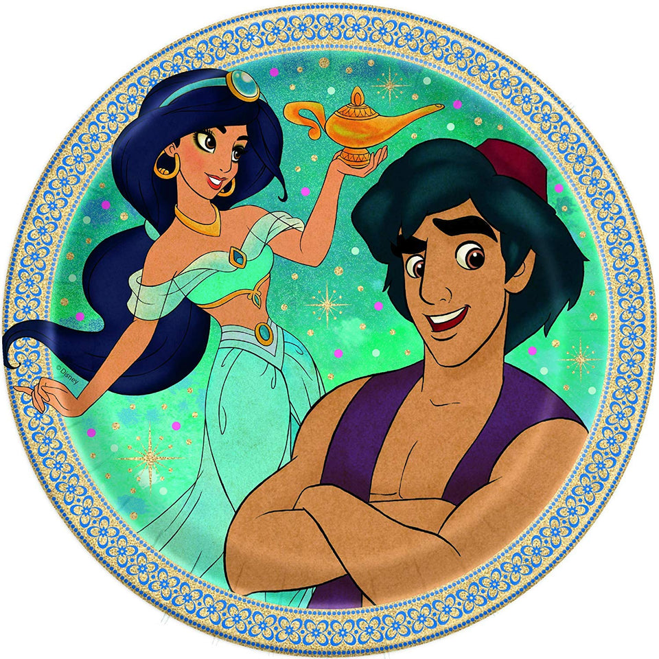 Paquete de fiesta de Aladdin y Princesa Jasmine, juego de suministros para fiesta de cumpleaños para 16 incluye platos, servilletas, tazas, cubierta de mesa, velas, hojas de pegatinas