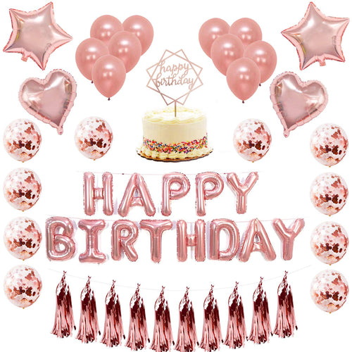 [51 PACK] Globos de Cumpleaños Rosa Metálico de Fiesta para Niña o Niño | Incluye: Letrero Happy Birthday + Globos Metálicos + Globos con Confetti + Decoración de pastel + Guirnaldas rosa + Listón